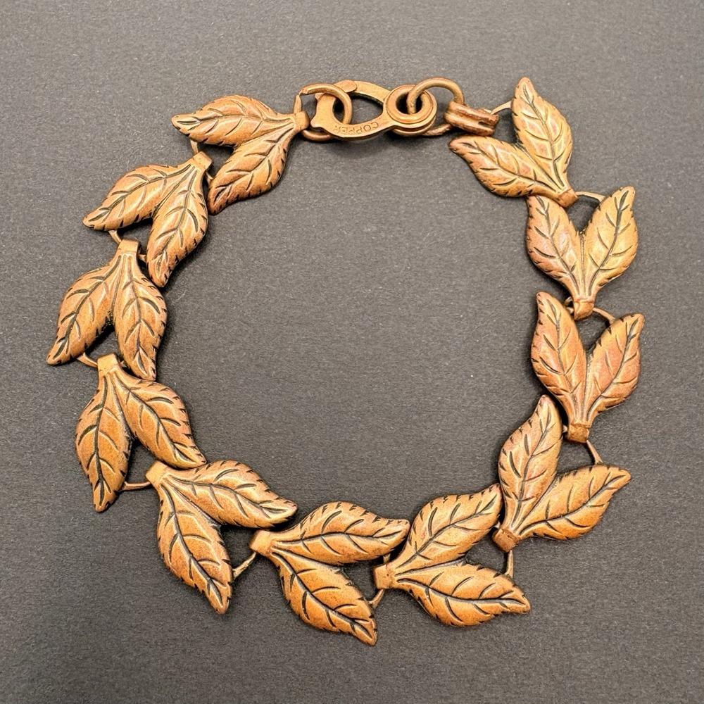 Vintage Copper Leaves Mid Century Link Bracelet 7.75'' Pressed Stamped